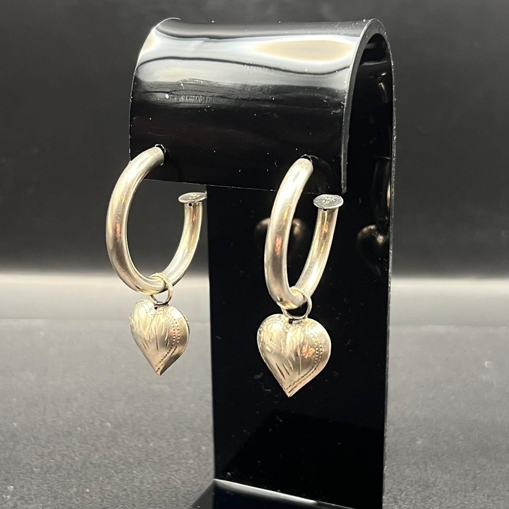 Sterling Silver Hoop Earrings with Hand Engraved Heart Dangle 925 NF 9.2 Grams